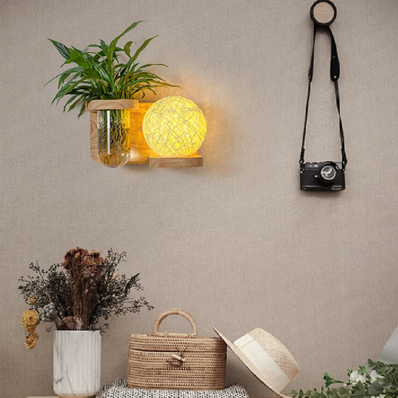 Green Plant Wood Glass Wall Lamps with Switch