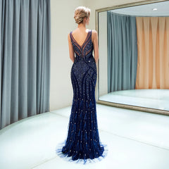 V-Neck Navy Blue Tulle Beaded Crystal Prom Dress