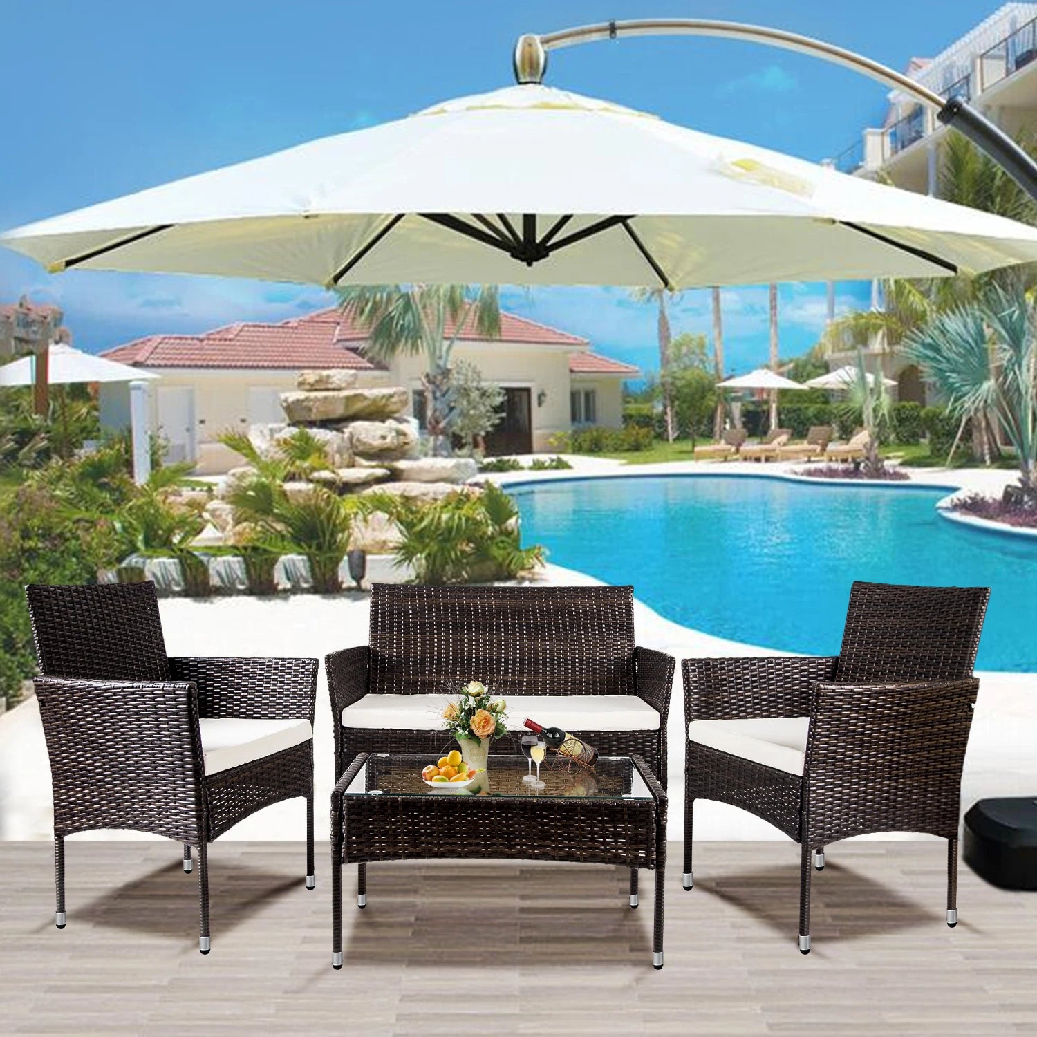 Brown 4Pcs Outdoor Garden Rattan Patio Furniture Set