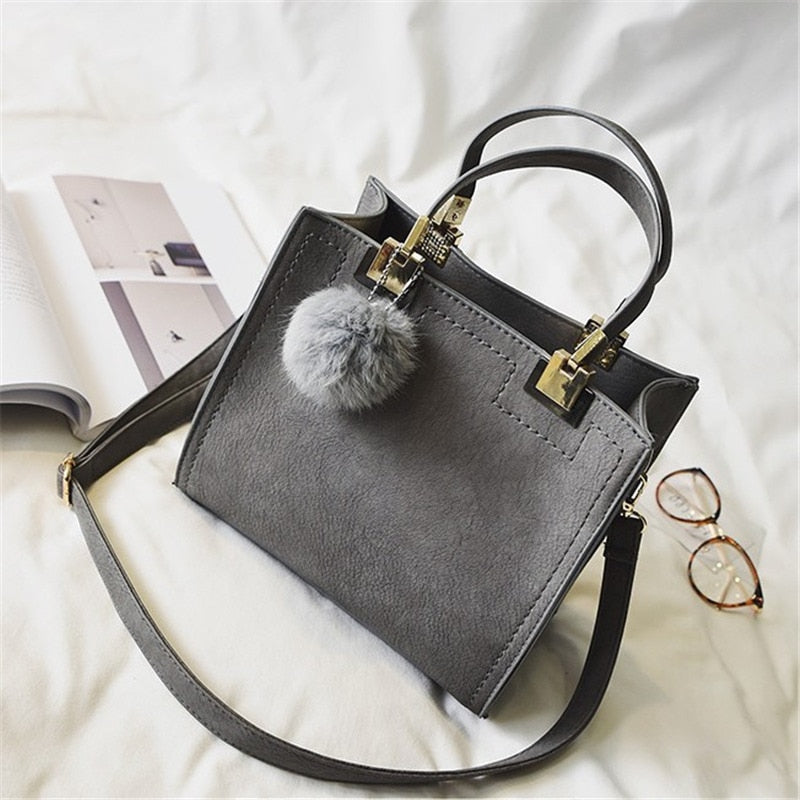 Women Tote Bag Large Suede Leather Handbag With Fur Ball