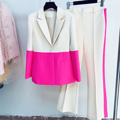 Women's Star Style Single Button Color Block Blazer Flare Pants Suit