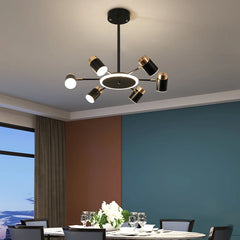 Sleek Nordic chandelier with LED lights, hanging in a modern dining room setting. Golden Atelier 3