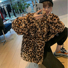 Leopard Print Stand collar Warm Parkas Loose Faux Fur Coats