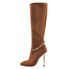 Pointed Toe Chain Detail Knee High Boots