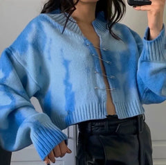 Tie Dye Long Batwing Sleeve V Neck Knitted Sweater 