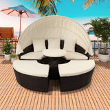 Round Rattan Daybed Sunbed with Retractable Canopy Removable Cushion