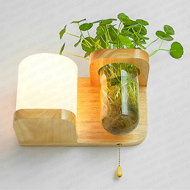 Green Plant Wood Glass Wall Lamps with Switch