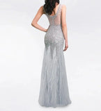 Short Sleeves with Beaded Feather Floor Length Mermaid Prom Dress