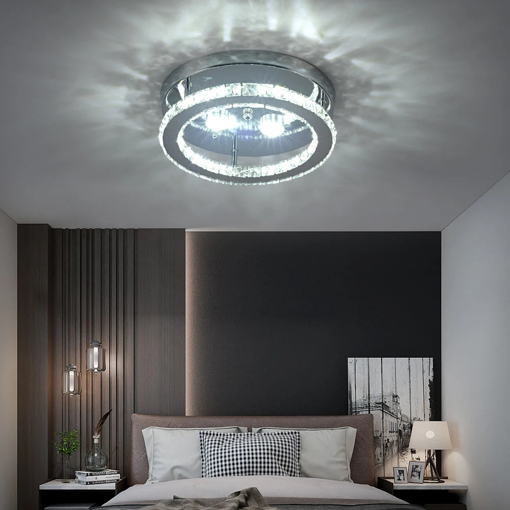  Crystal chandelier with mirror rings, modern LED lighting.