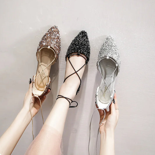 Rhinestone Cross-Tied Lace Up Flat Crystal Shoes