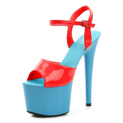 Blue and red high-heeled shoe on a white background