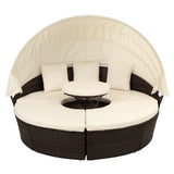 Round Rattan Daybed Sunbed with Retractable Canopy Removable Cushion