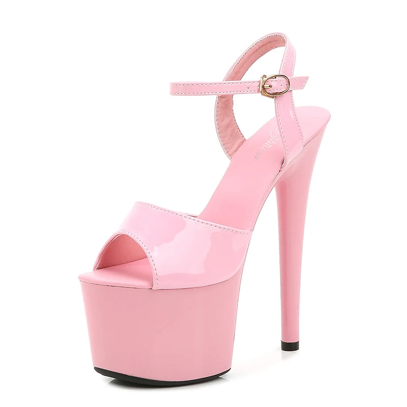 Pink high-heeled sandal with open toe on a white background