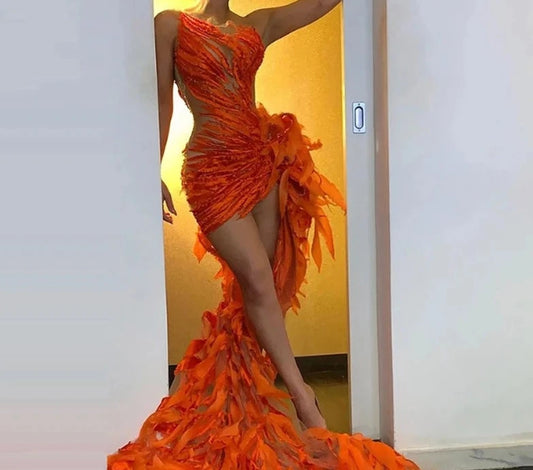 Orange Illusion Irregular Jewel Neck Sleeveless Long Prom Dress