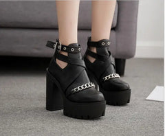 Cut-outs Buckle Chain Thick Heels Platform Boots