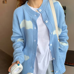 Print Clouds O Neck Long Sleeve Knitted Blue Cardigan