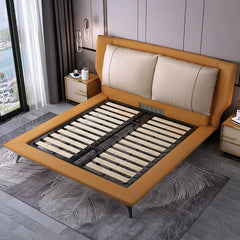Double Soft Edging PU Leather Bed Solid Wood Net Metal Frame