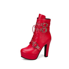 Close-up of lace-up platform ankle boots with buckle detail. Red 2