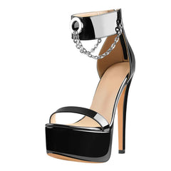 Side view of black patent chain detail platform stiletto sandals