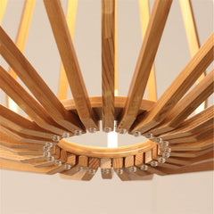 Close-up of the chandelier, showcasing the natural wood grain and minimalist design. Golden Atelier 2