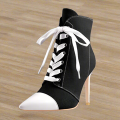 Canvas Lace-up Pointed Toe Stiletto Side Zipper Ankle Boots