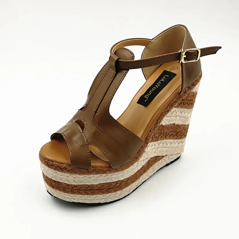Wedges 13.5cm High Heels Platform Straw Open Toe Sandals