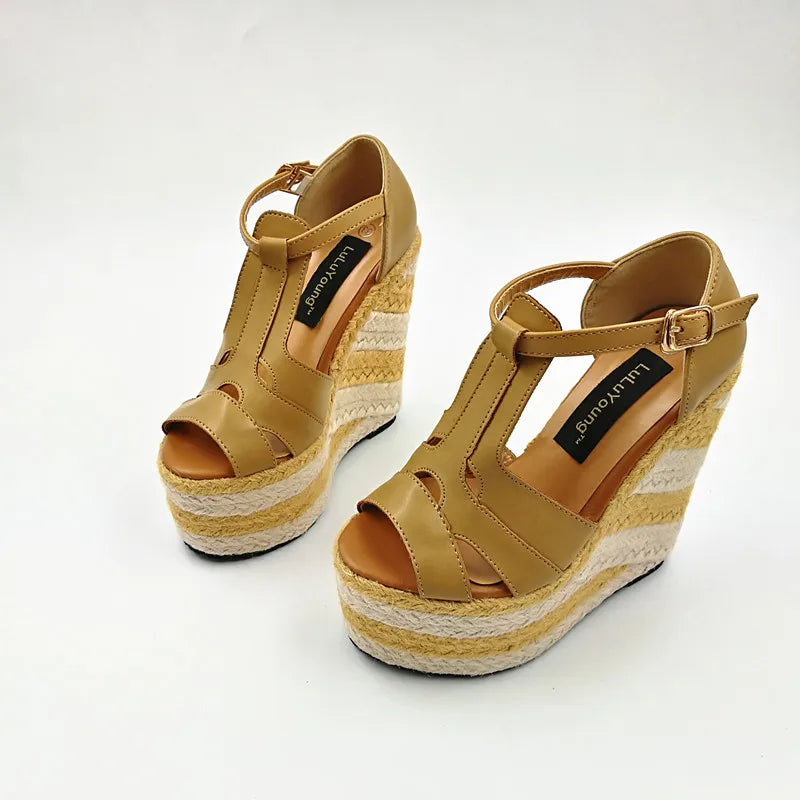 Wedges 13.5cm High Heels Platform Straw Open Toe Sandals