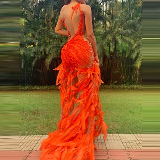 Orange Illusion Irregular Jewel Neck Sleeveless Long Prom Dress