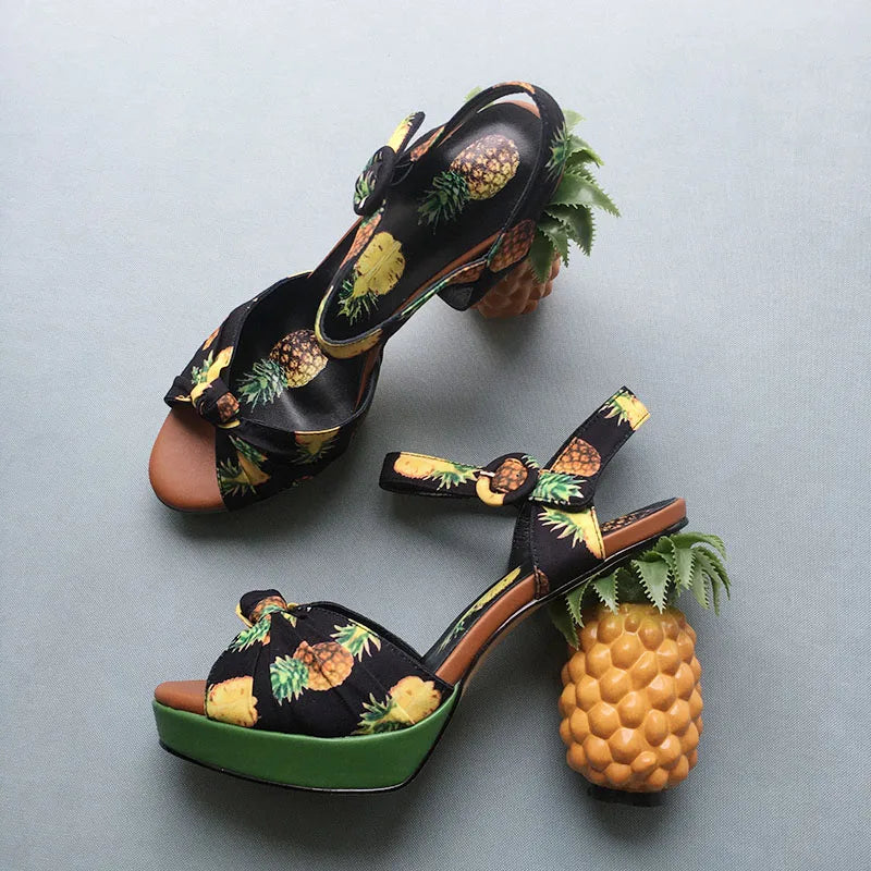 Pineapple high heels buckle strap sandals 2023 pink printed Peep-Toe Pumps summer platform shoes women novelty FT919 Golden Atelier