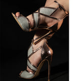 Peep Toe 12 CM Thin High Heels Glitter Cut Out Gold Sandals