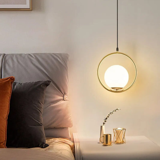 Modern Glass Ball Pendant Hoop Gold LED Hanging Lamp