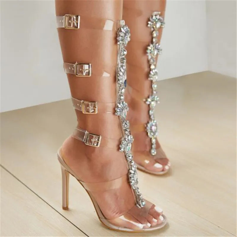 Transparent Rhinestone Chain Ankle Strap Heeled Sandals