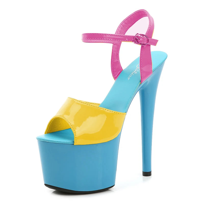 Multicolored high-heeled shoe with blue, yellow, and pink design on a white background