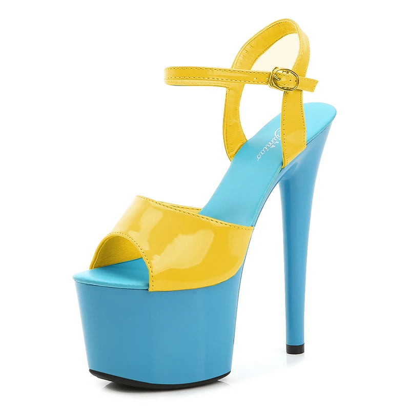 Blue and yellow high-heeled sandal on a white background