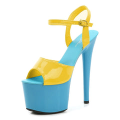Blue and yellow high-heeled sandal on a white background
