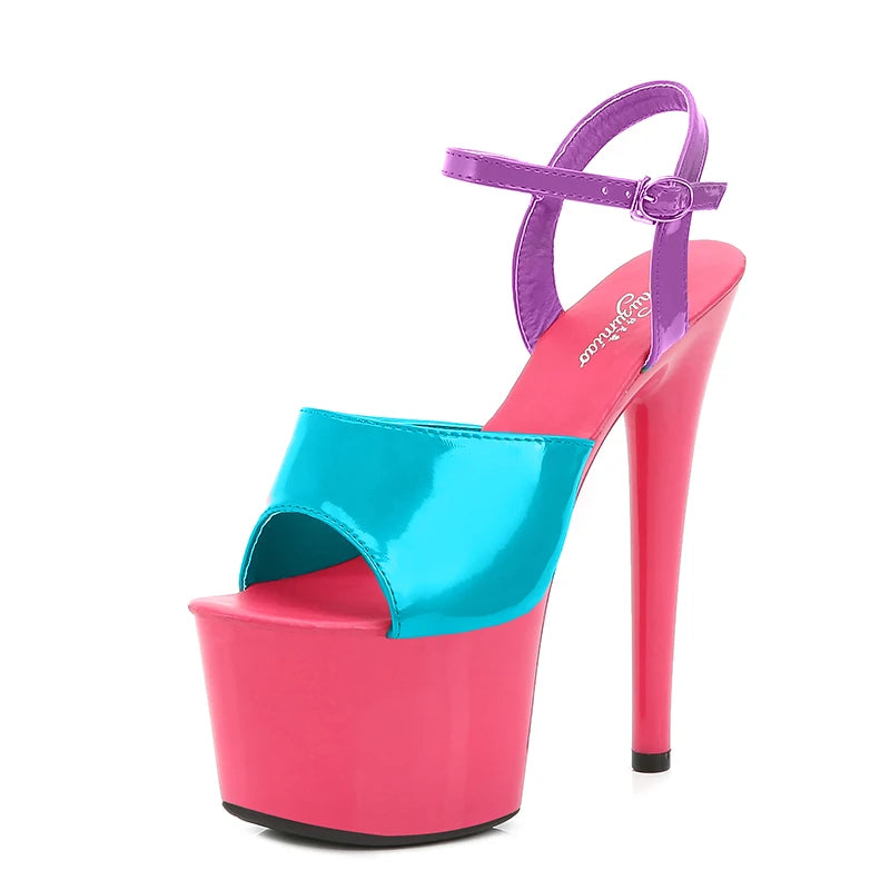 High-heeled shoe with pink and blue design on a white background