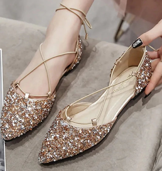 Rhinestone Cross-Tied Lace Up Flat Crystal Shoes
