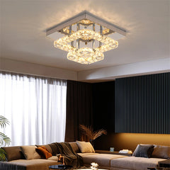  Crystal chandelier with mirror rings, modern LED lighting.