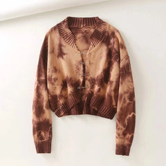 Tie Dye Long Batwing Sleeve V Neck Knitted Sweater 