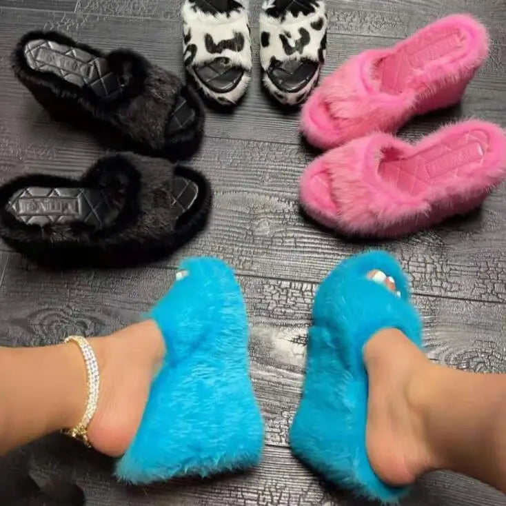 Green plush fur platform wedge slippers