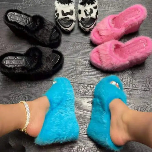 Green plush fur platform wedge slippers