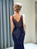 V-Neck Navy Blue Tulle Beaded Crystal Prom Dress