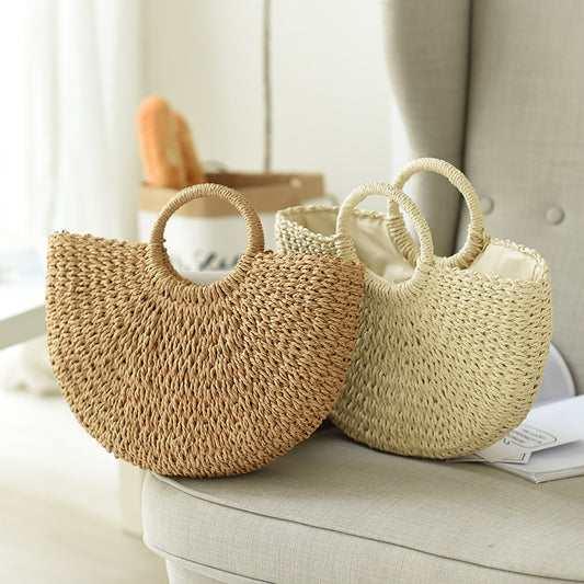 Handmade Weaving Straw Moon shaped Top Handle Handbag