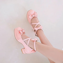 Bows Cross Strap Block Heel Mary Jane Pumps