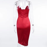 Red Satin Deep V-Neck Women Knee-Length Dress 