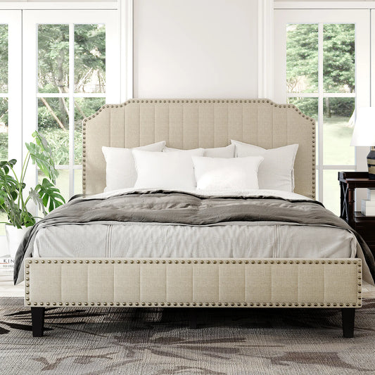Linen Curved Upholstered Platform Solid Wood Bed Frame