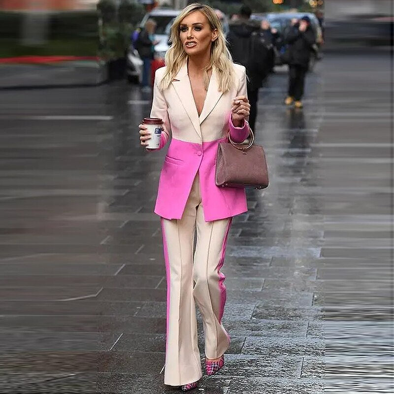 Women's Star Style Single Button Color Block Blazer Flare Pants Suit