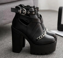 Cut-outs Buckle Chain Thick Heels Platform Boots