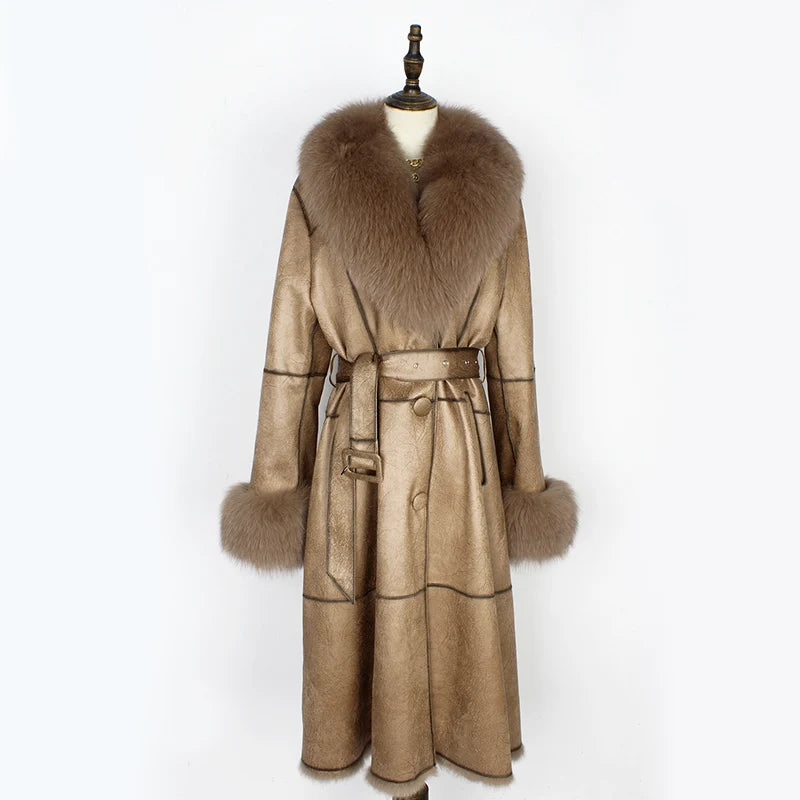 Brown fur coat with a belt on a mannequin against a white background