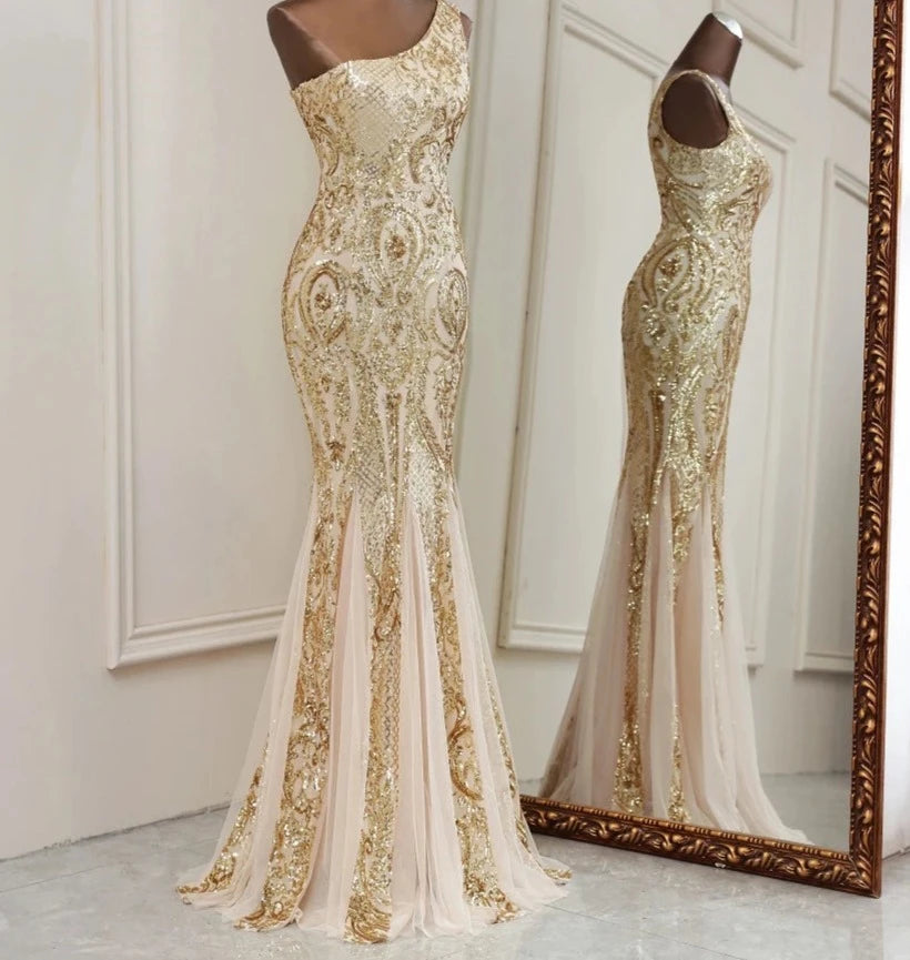 Gold Mermaid One Shoulder Prom Dresses for Women